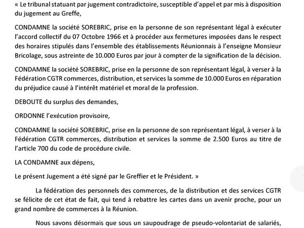 Repos dominical - La justice donne raison à la CGTR