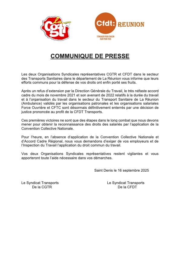 Communique de Presse Transports Sanitaire CGTR et CFDT REUNION sept_2025